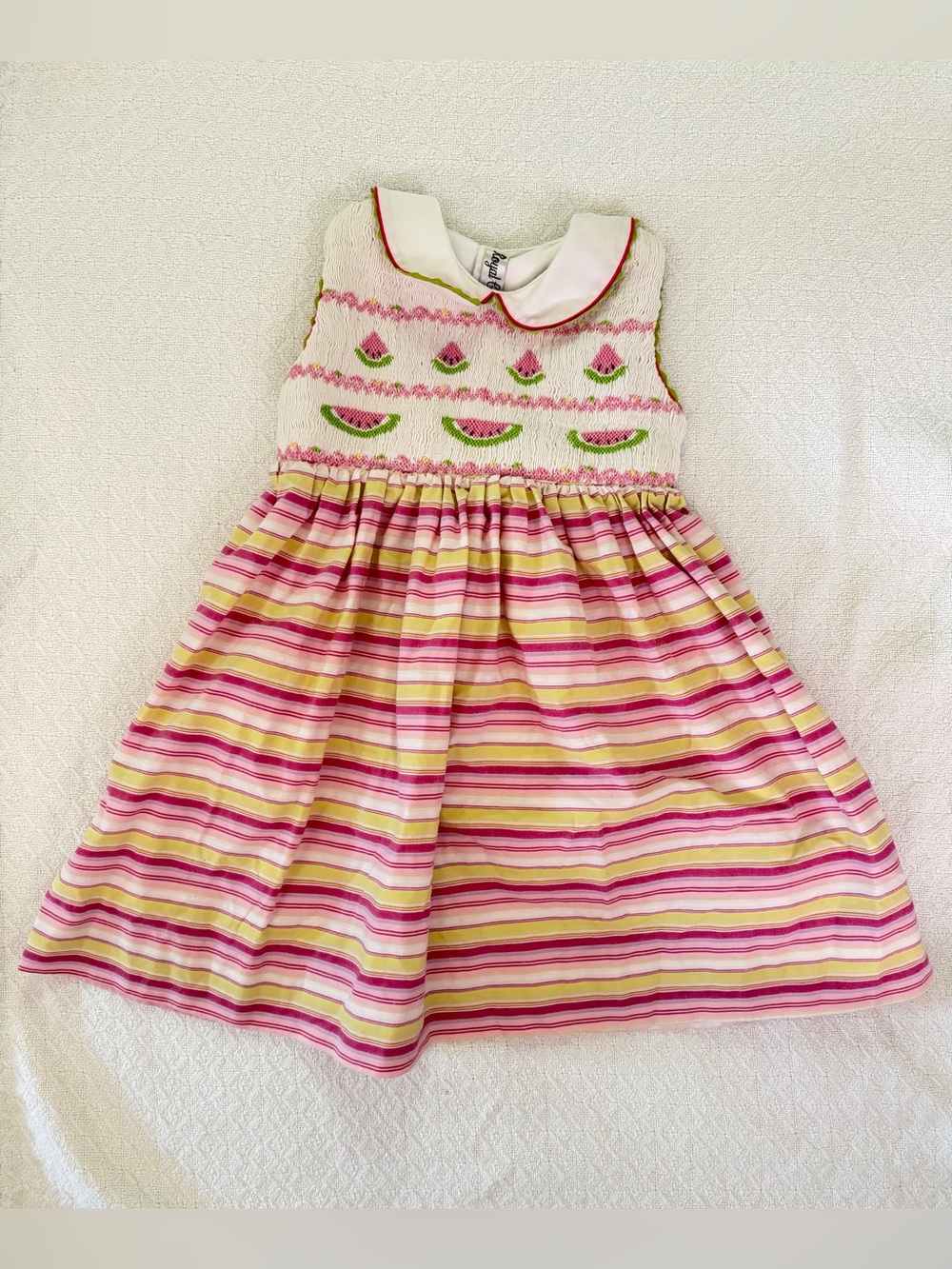 Royal Child Vintage Smocked Watermelon Dress with Pink and Green Stripes